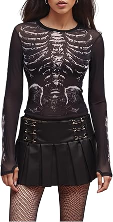 Womens Y2k Skeleton Fitted T-Shirt Long Sleeve See Through Mesh Skull Crop Tops Halloween Party Clothes