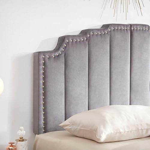 Miniatura 4 de Kingfun Cabecero montado en la pared para cama tamaño Queen, cabecera capitonada tapizada de terciopelo con decoración de cabeza de clavos, tablero