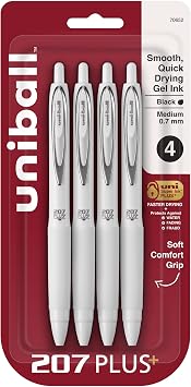 Uni-Ball 207 Plus+ Retractable Gel Pen, Medium Point, 0.7mm, White Barrel, Black Ink, 4 Pack
