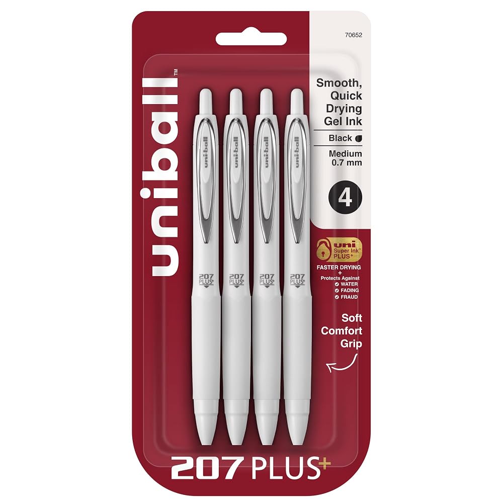 Uni-Ball 207 Plus+ Retractable Gel Pens, Medium Point, 0.7 mm, White Barrels, Black Ink, Pack of 4 Pens