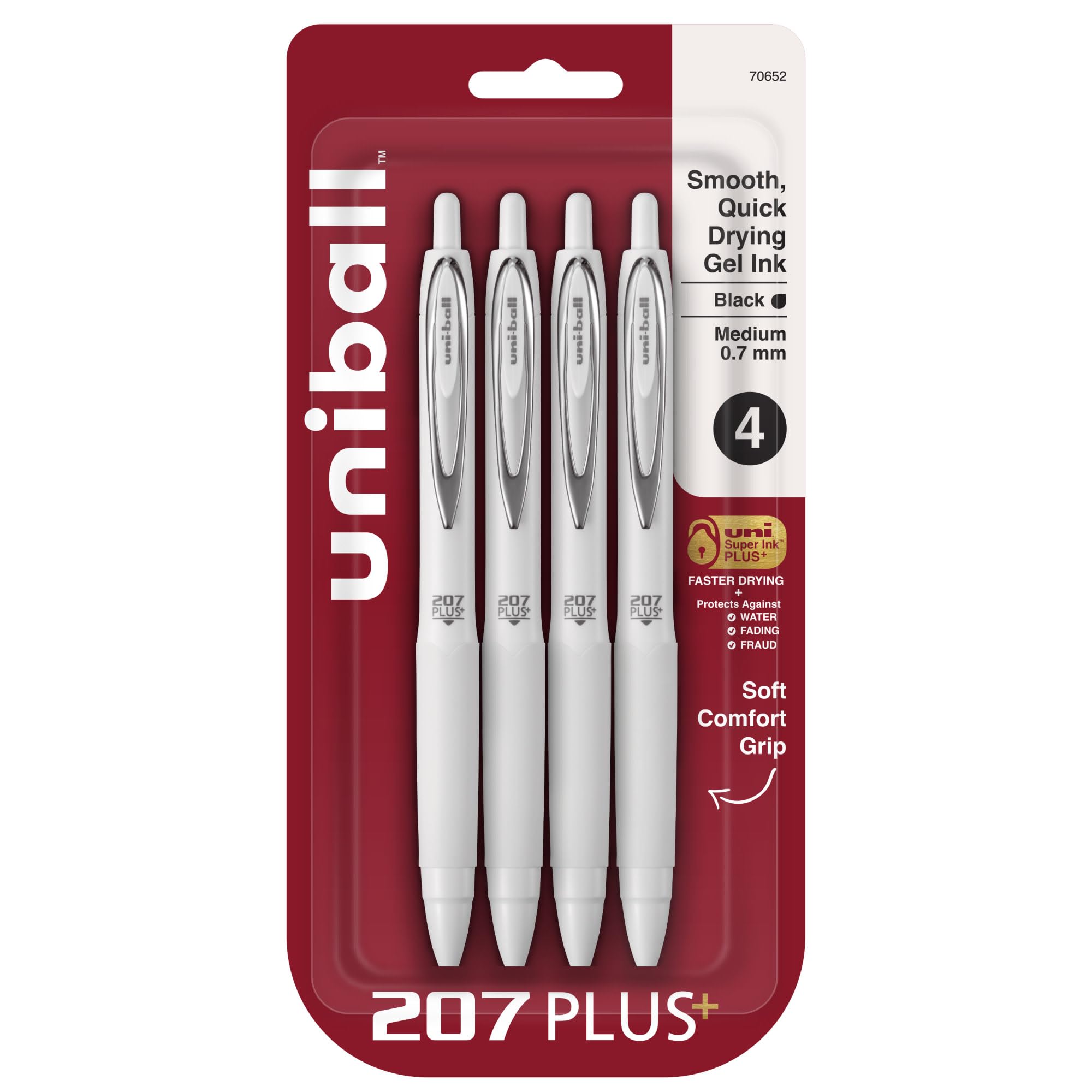 Uni-Ball 207 Plus+ wysuwane długopisy żelowe, średnia końcówka, 0,7 mm, białe beczki, czarny tusz, opakowanie 4 długopisów