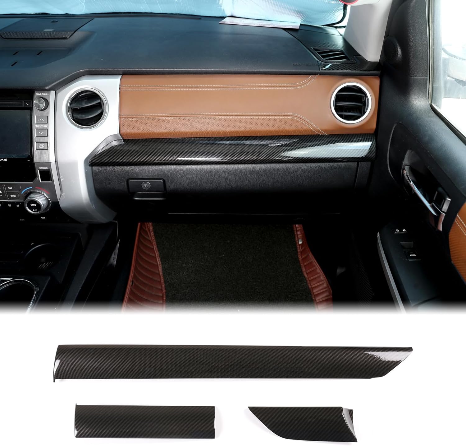 3Pcs Car Inner Central Console Dashboard Panel Cover Trim Stickers Fit for Toyot@ Tundra 2014-2021 Center Console Dash Board Trim Frame Protective Cover Molding Trims Sticker Decor ABS Accessories