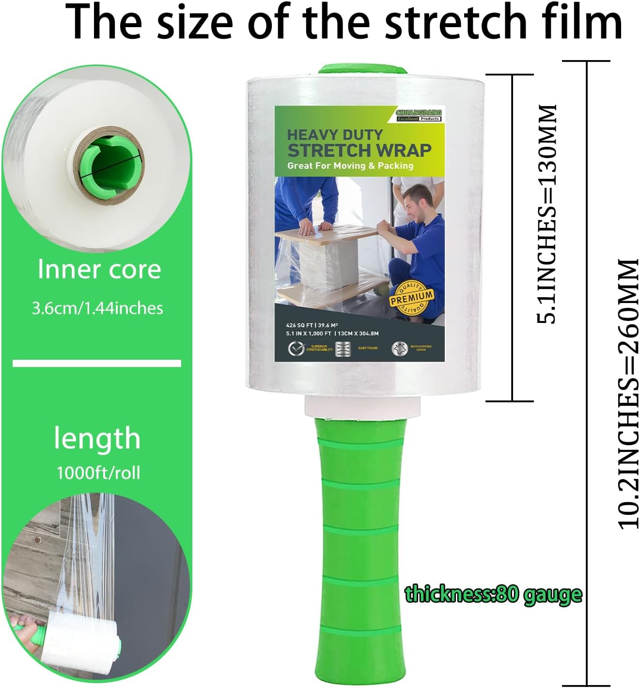 Mini Clear Stretch Wrap Film for Moving,5''x1000ft,4 Rolls Plastic Wrap Refills with 1 Plastic Handle,Hand Stretch Wrap for Packing,Moving,Package, Industrial,80 Gauge CHUANGDANG