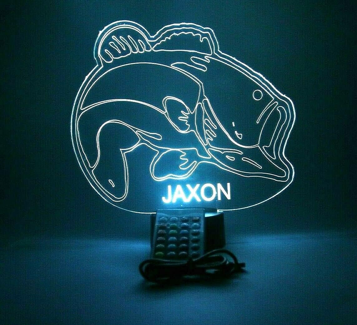 MIRROR MANIA Fish Sea Bass Gone Fishing Fisherman Night Light Up Lamp LED Personalized Engraved Desk Table Lamp, It's Wow, with Remote, 16 Color Options, Dimmer, Free Engraved, Great Gift
