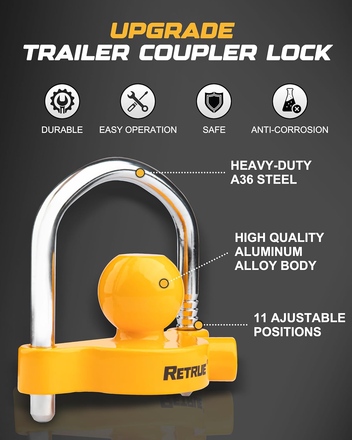 RETRUE Universal Coupler Lock Trailer Locks Ball Hitch Trailer Hitch Lock Adjustable Security Heavy-Duty Steel Fits 1-7/8 Inch, 2 Inch, 2-5/16 Inch Couplers, Yellow