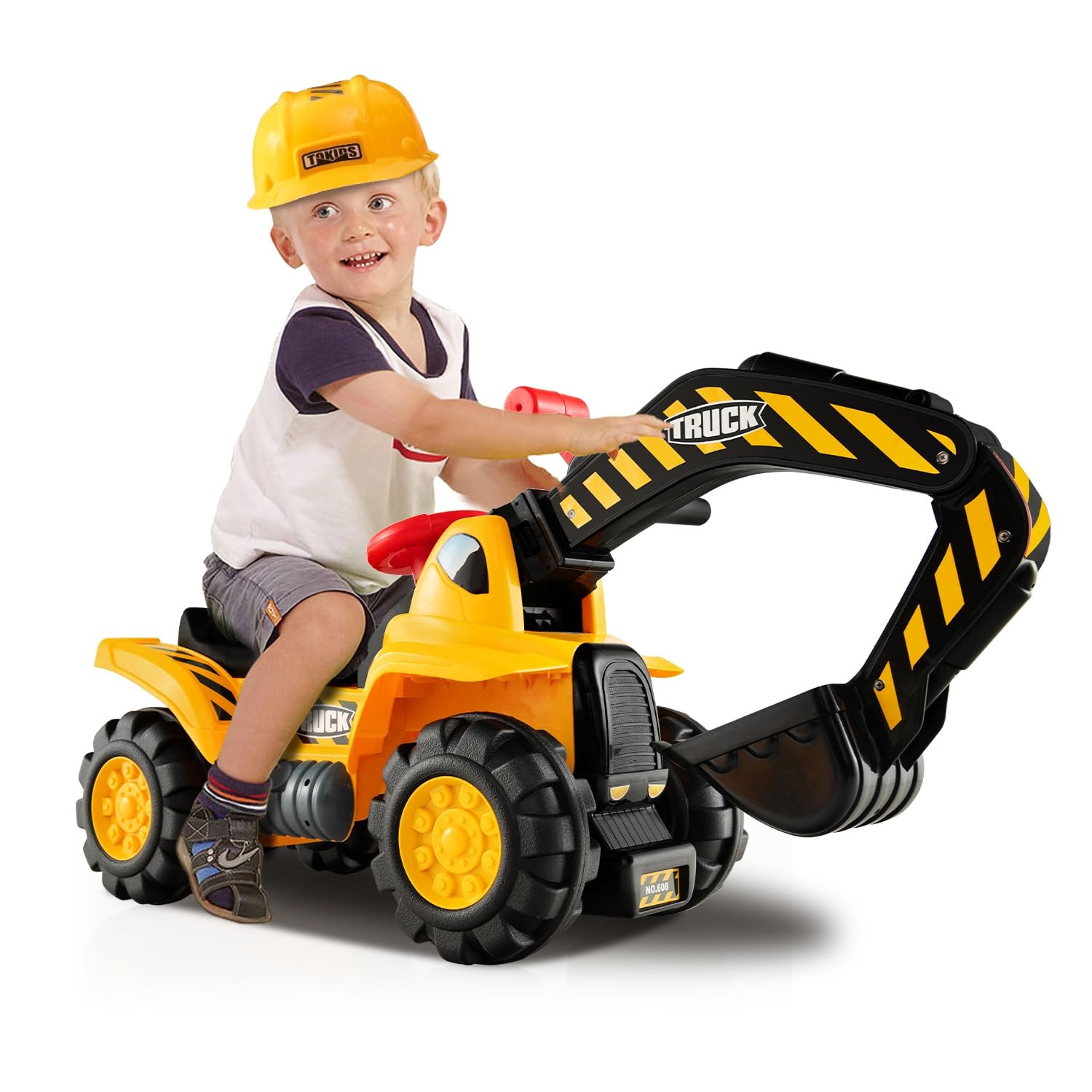 DREAMADE Bagger zum draufsitzen, Sitzbagger mit Schaufel & Helm & 3 Spiel-Steine, Aufsitzbagger mit Hupe & Stauraum, Sandbagger Rutscher Rutscherfahrzeug für Kinder ab 3 Jahren