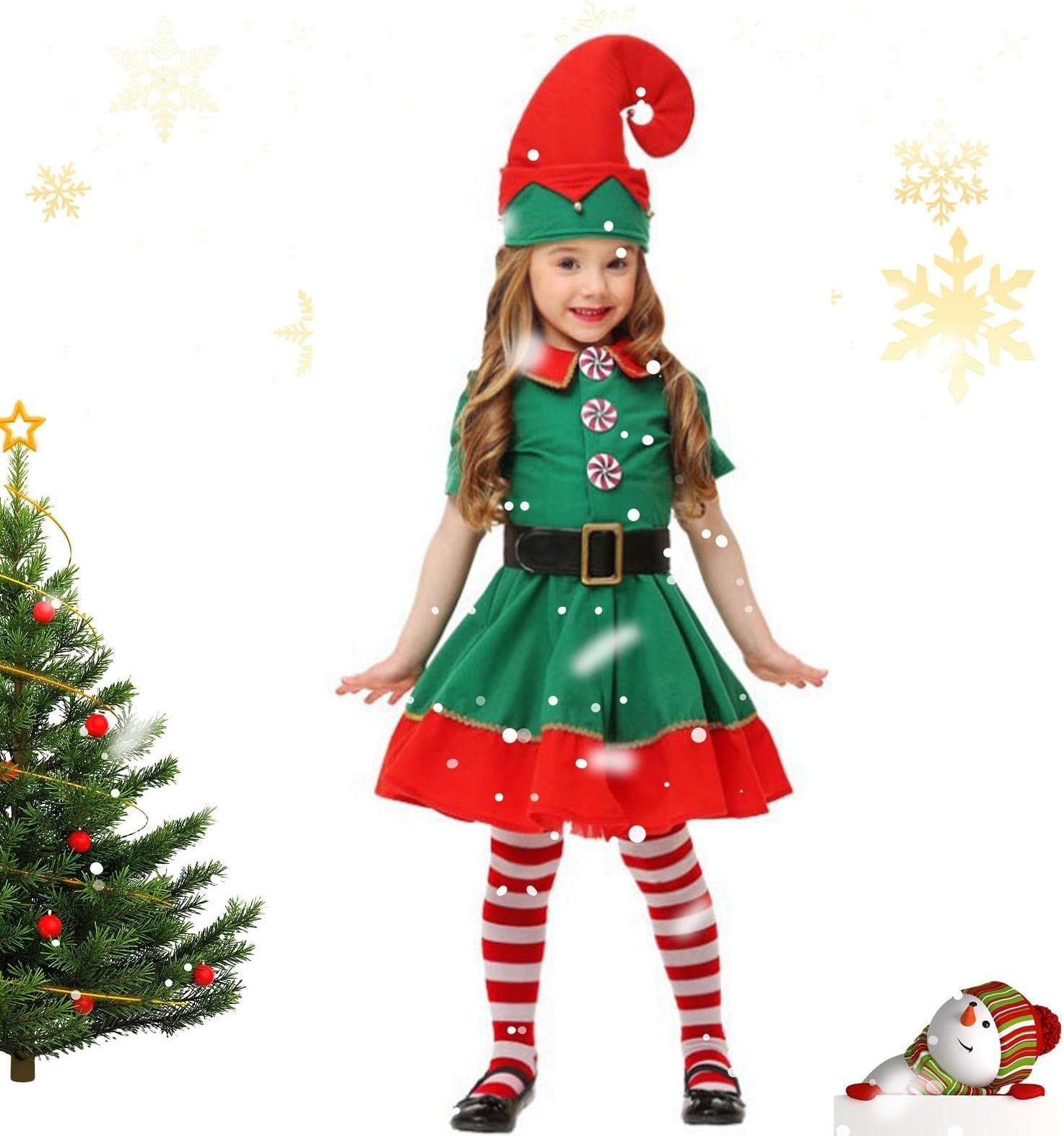 Nedyet Christmas Elf Costume,Holiday Elf Dress Costume for Kids Adults | Santa Elf Hat Belt Cosplay Clothes for Christmas Party Costume Accessories