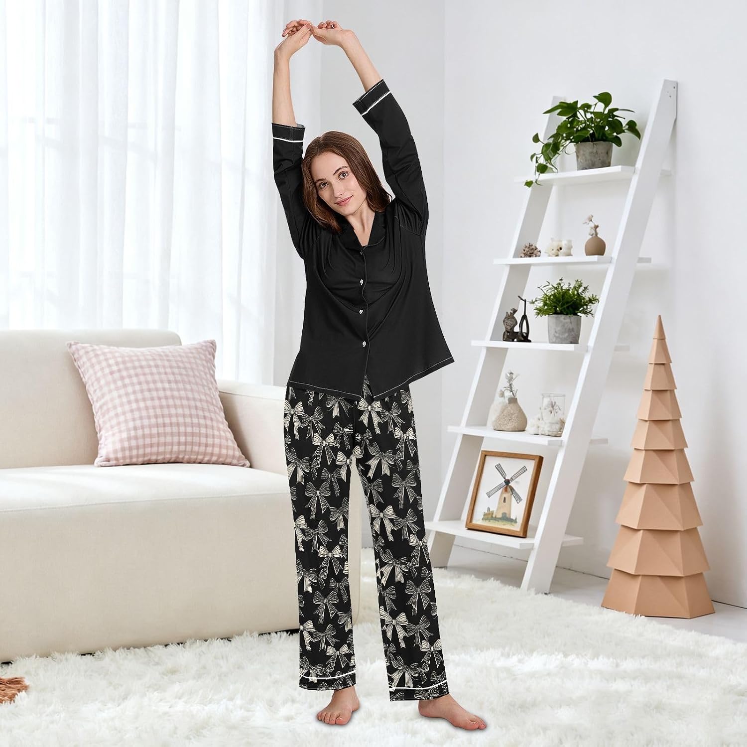 Pajama Pants Women Black White Bow Soft Sleep Lounge Pj Bottoms with Pocket S-XXL