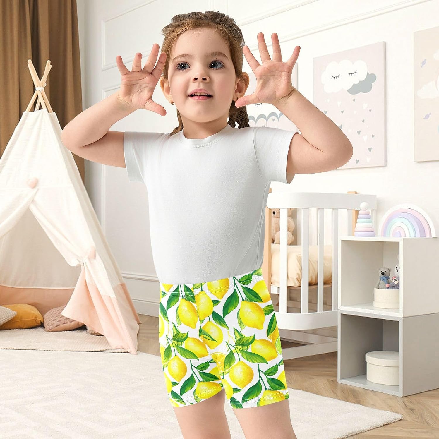 Lemon Lime Leaves White Girls Bike Shorts Toddler Soft Cotton Under Dress Cartwheel Shorts