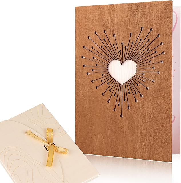 Creawoo Wooden Love Greeting Card, Handmade Hollow Carved Wood Heart Love Cards, Personalised Birthday, Anniversary, Wedding, Valentines Idea Gift for Him Her, Wife, Couple, Friend