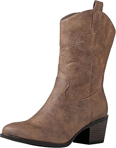 GLOBALWIN Women's Mid Calf The Western Cowgirl Boots Fashion Cowboy Boots For Women Chunky Low Heel