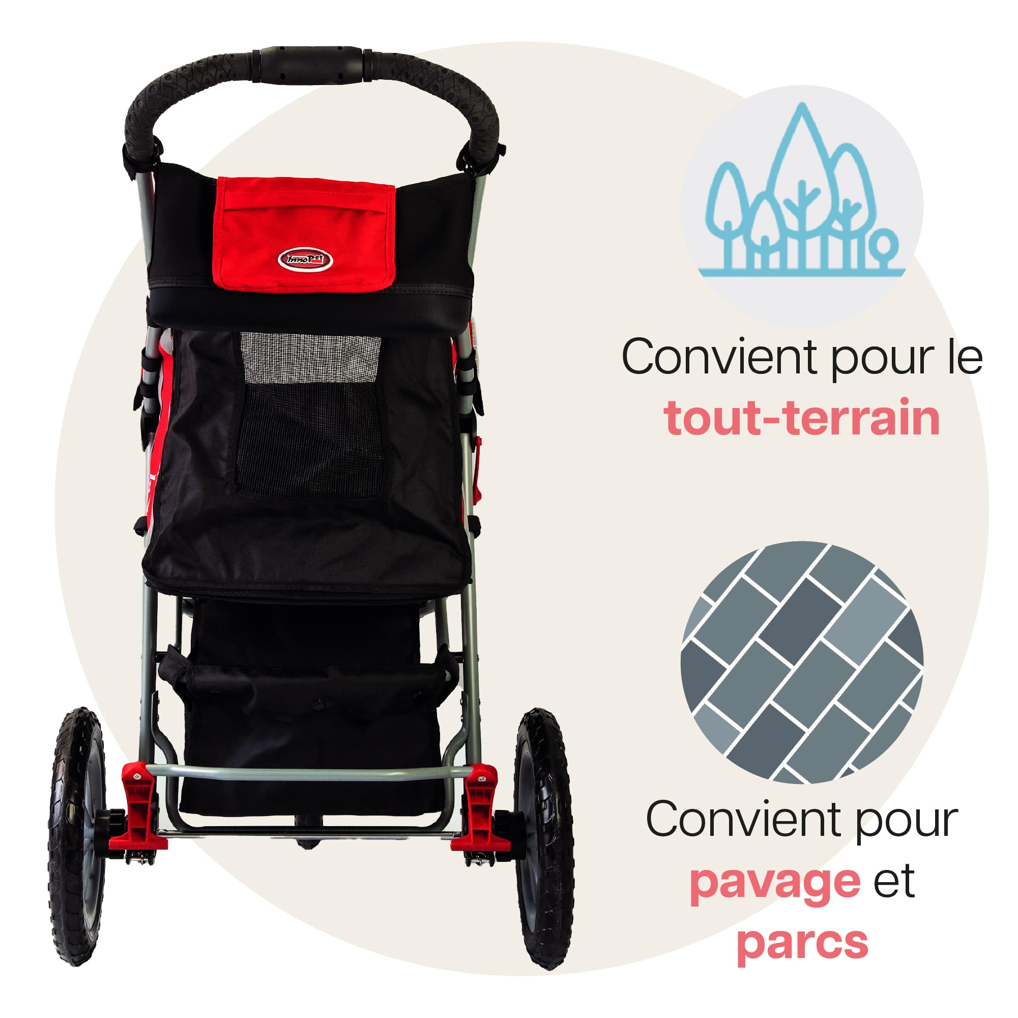 Innopet Comfort Efa Eco Rouge/Noir - Poussette pour chiens et chats pliable d'une seule main, capacité de 25 kg, roues anti-crevaison, panier de rangement et conception à 3 roues facile à installer.