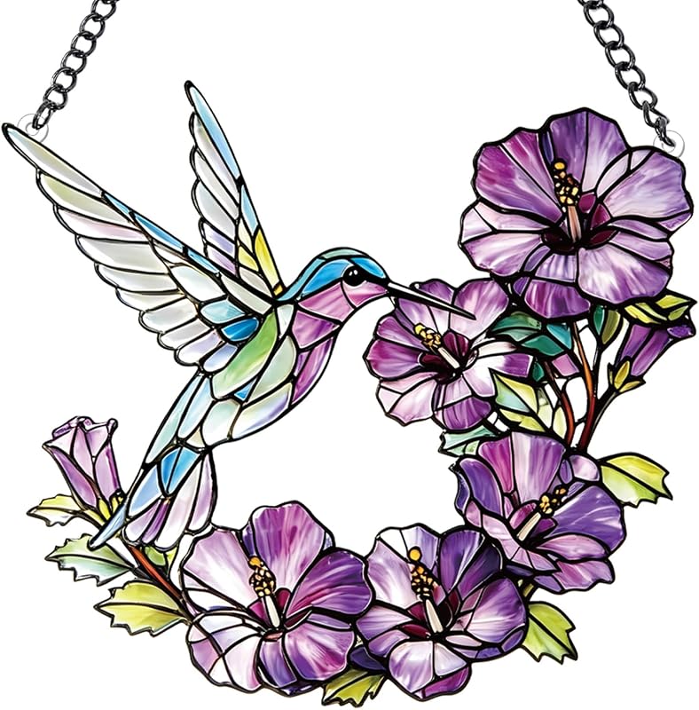 Enfeite de Janela com Beija-flor e Flores em Vidro Colorido Rngmsi, 1 unidade