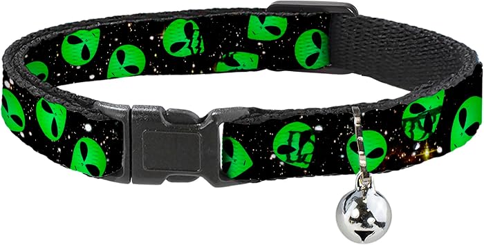 Buckle-Down Aliens Head Scattered, Breakaway Cat Collar with Bell, Plastic Clip, Easy Adjustable, 8.5 to 12"-0.5" Wide