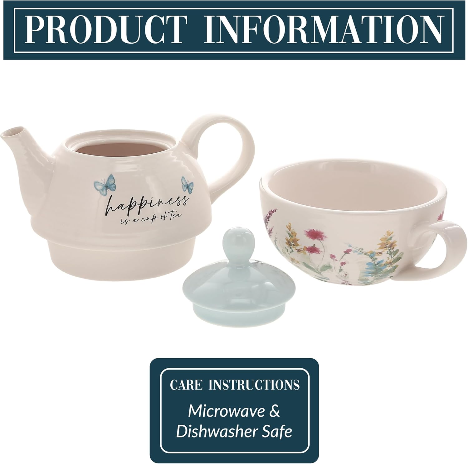 Pavilion Gift Company - Happiness 14.5 oz Ceramic Teapot and Tea Cup Set, Watercolor Floral Tea for One Set, Floral Teapot with Cup, Stacked Teapot Cup, Summer Kitchen Decor, 1 Count, Blue