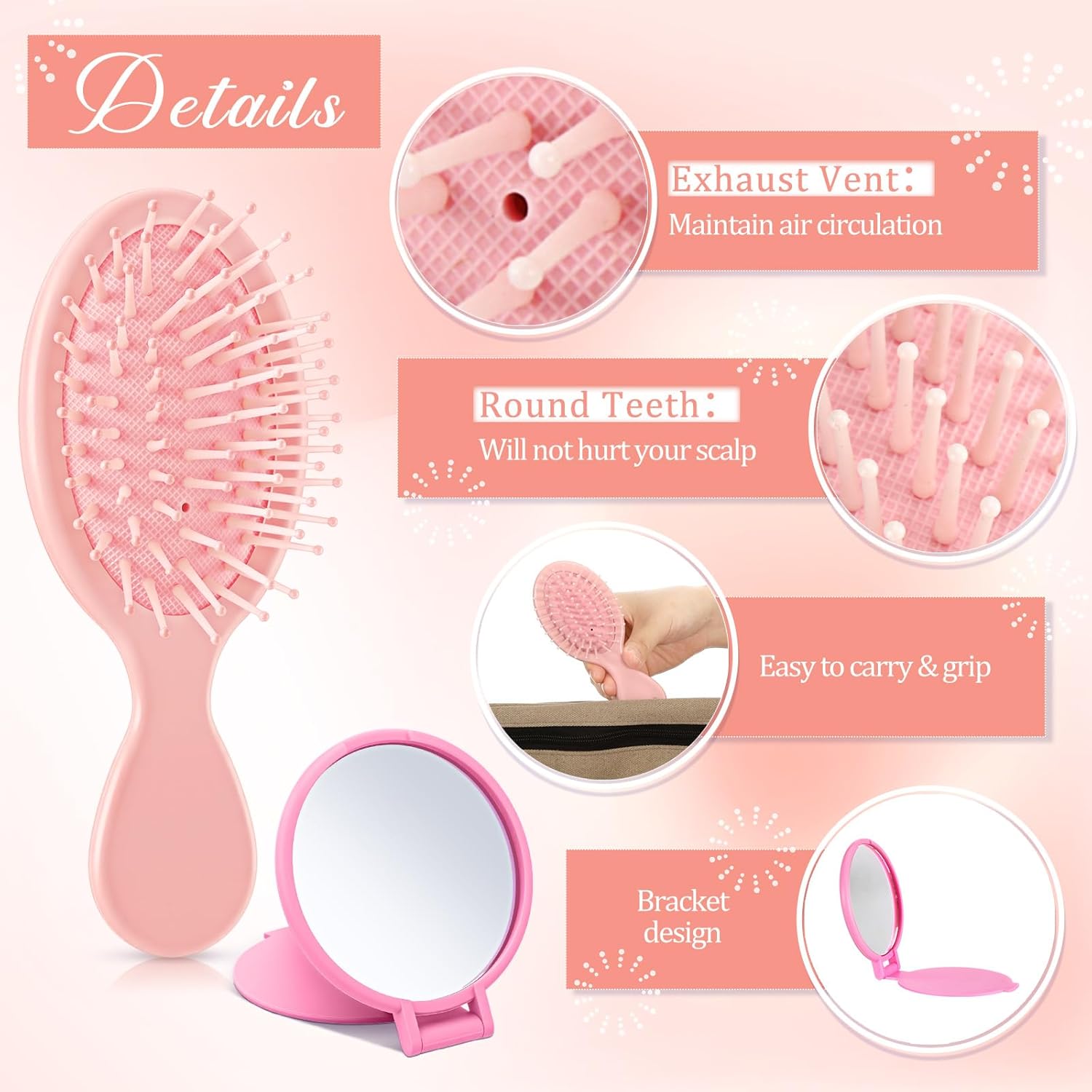 Meanplan 24 Pcs Mini Hair Brush Set 12 Travel Wet Dry Hair Combs Pocket Detangling 12 Compact Folding Makeup Mirrors for Spa Sleepover Birthday Bridal Shower Bachelorette Christmas Party Gift (Pink) - Image 3