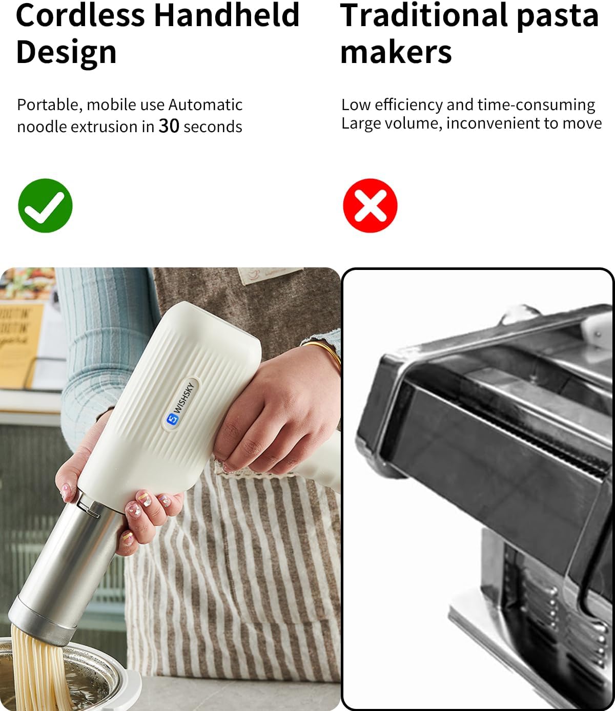 Handheld Electric Pasta Maker, 5-in-1 Cordless Pasta Machine, Portable Noodle Maker with Molded Noodle Molds, Cutters and Sausage Stuffing Tube, Electric Pasta Maker for Home Use