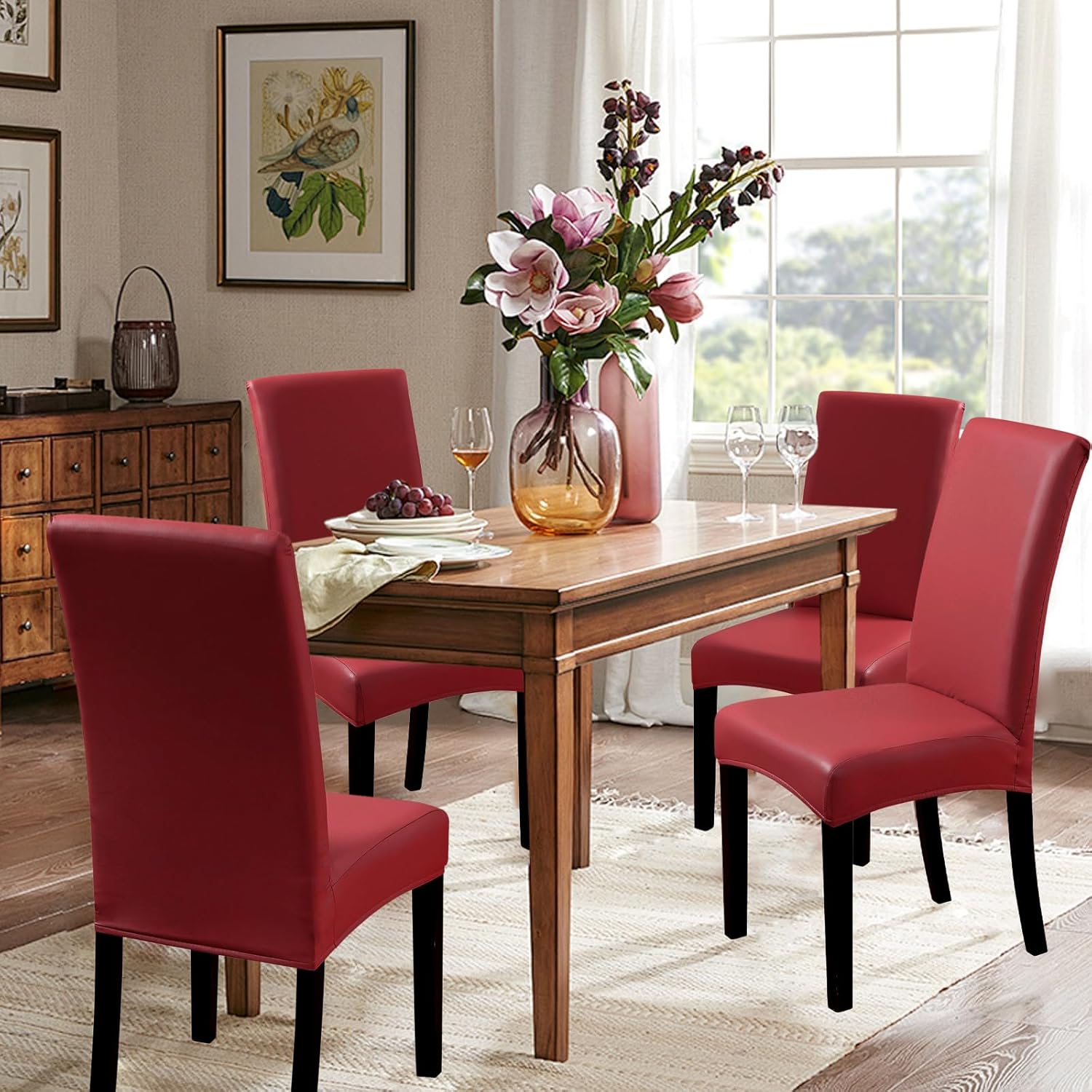 Waterproof Dining Chair Covers - Solid Oilproof PU Leather Chair Covers 4 Pack, Stretch Protector for Kitchen & Dining Room (Burgundy, 4PC)