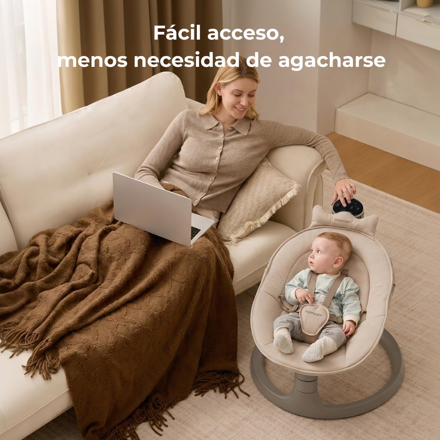 Momcozy 2 en 1 Hamaca Bebe Electrica, con Soporte de Doble Brazo, 4 Modos y 4 Velocidades de Balanceo, Mecedora Bebe Electrica Convertible en Asiento Fijo de hasta 30kg, 2 Posiciones de Reclinación