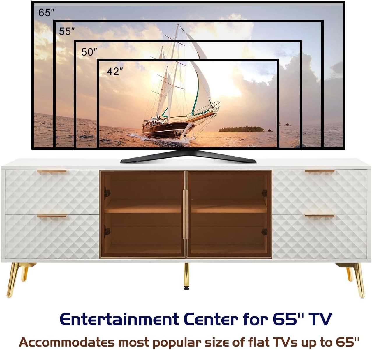 Modern TV Stand Entertainment Center with Glass Doors, 59.9W x 21.7H inches, Navy Blue with Gold Legs (White, 59.9 * 15.7 * 21.7)