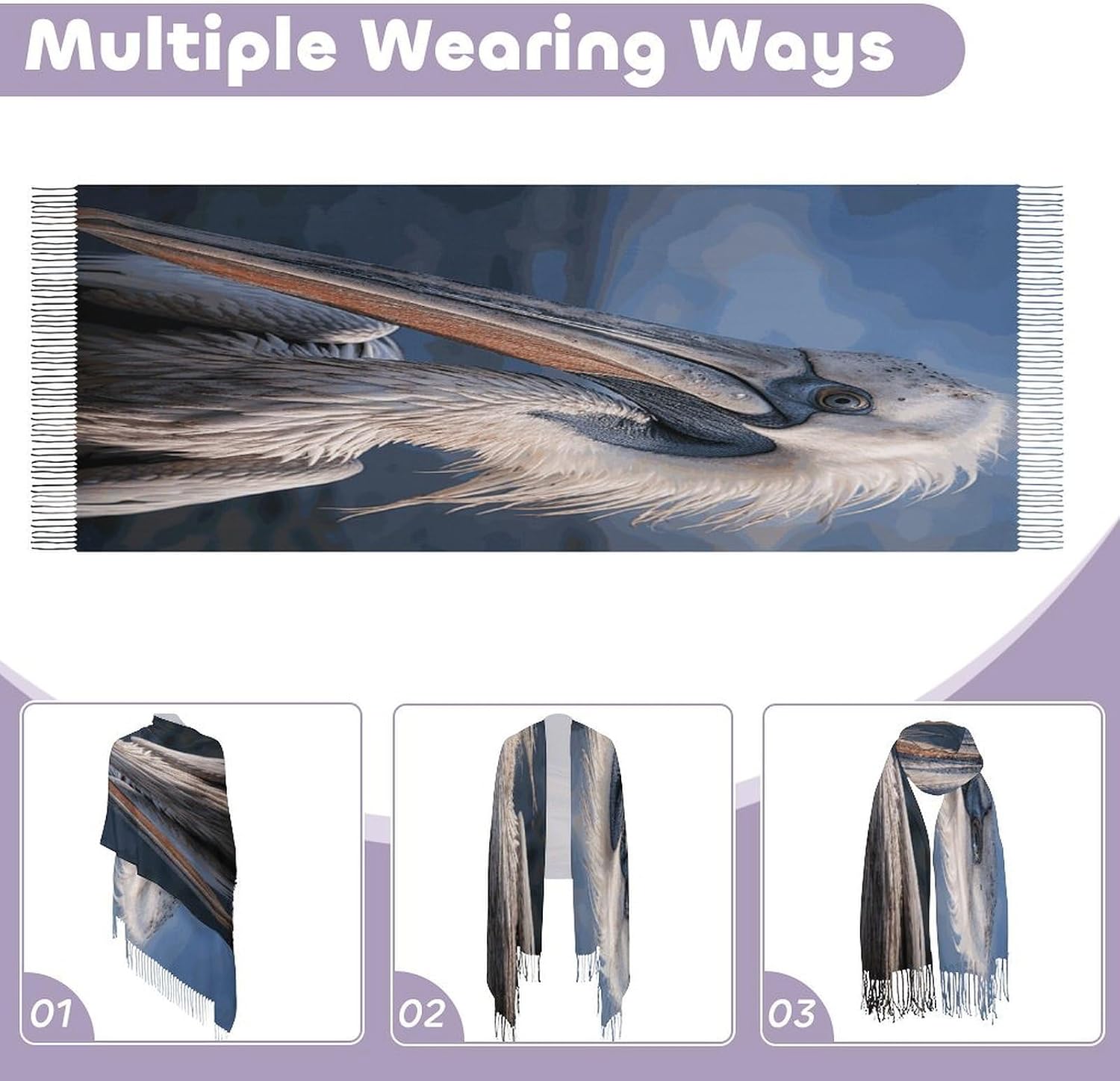 Realistic Pelican Winter Scarf for Women Soft Tassel Scarves Oversized Wraps Long Shawl Cold Weather Thick Blanket Scarfs