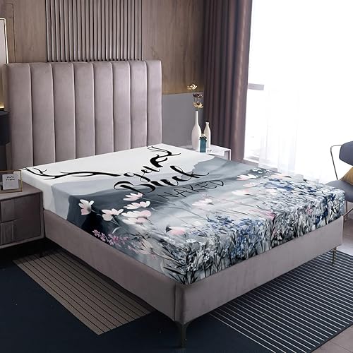 Miniatura 7 de Juego de sábanas de cornamenta tamaño Queen con ciervos y alces para niños y niñas, sábanas de reno y alce de ciervo, sábana superior de flores de