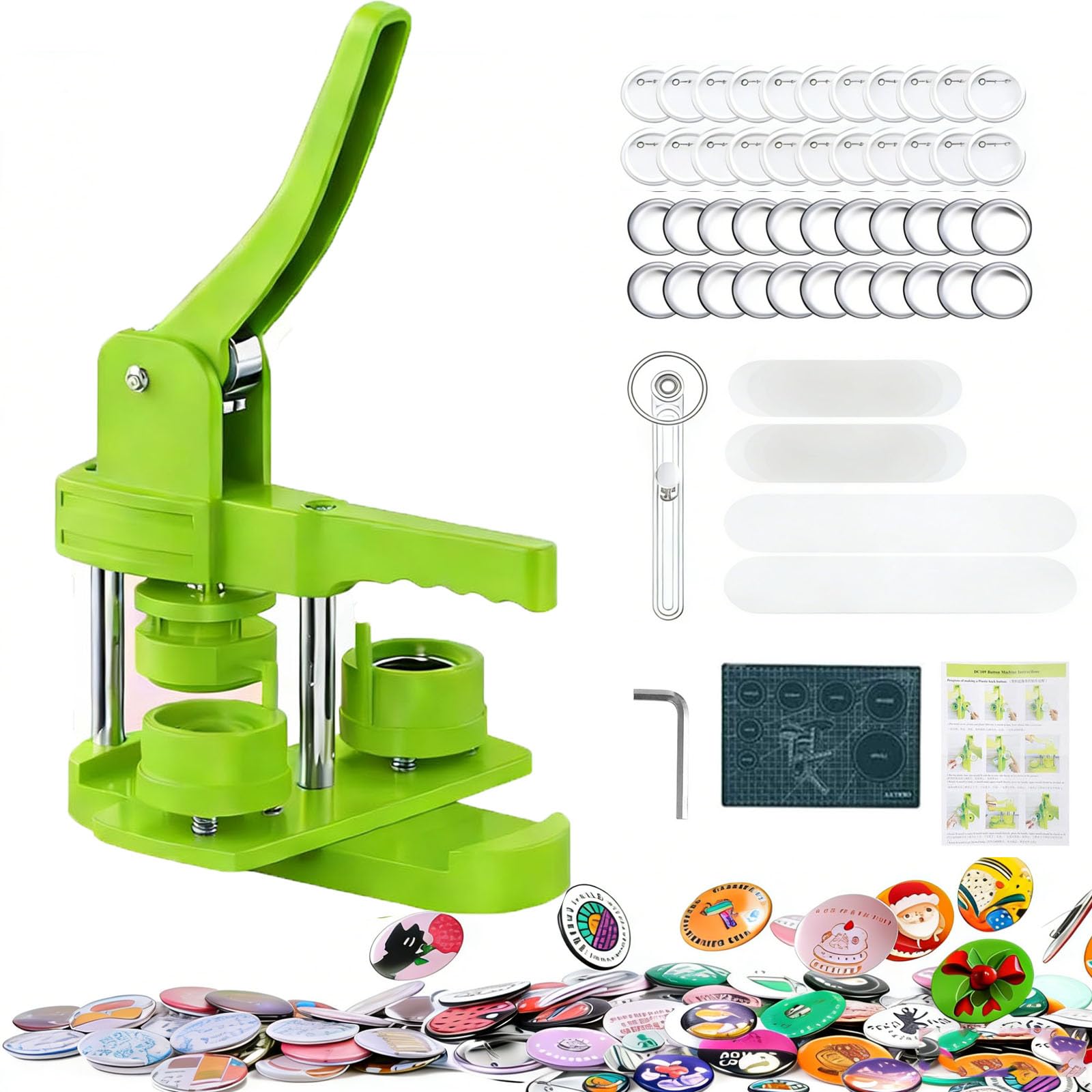 25 mm Buttonmaschine– Manuelle Buttonpresse Set ohne Montage, inkl. 100 Zubehör & Kreisschneider, DIY Abzeichenmaschine für Basteln, Partys & Geschenke(grün)