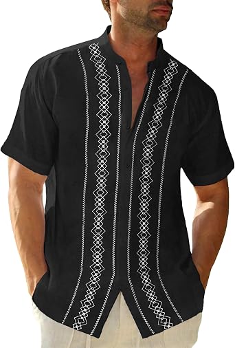 Cuban Guayabera Shirts for Men Short Sleeve Casual Button Down Shirt Band Collar Beach Camp Mexican Shirt