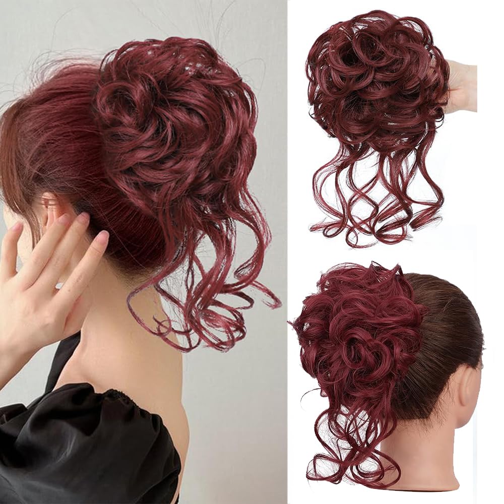 Duża treska w koku, czerwona gumka do włosów z włosami, do wysoko upiętych fryzur, kręcona treska Messy Bun, z gumką, syntetyczne włosy dla kobiet i dziewcząt (kolor czarny/burgundowy)