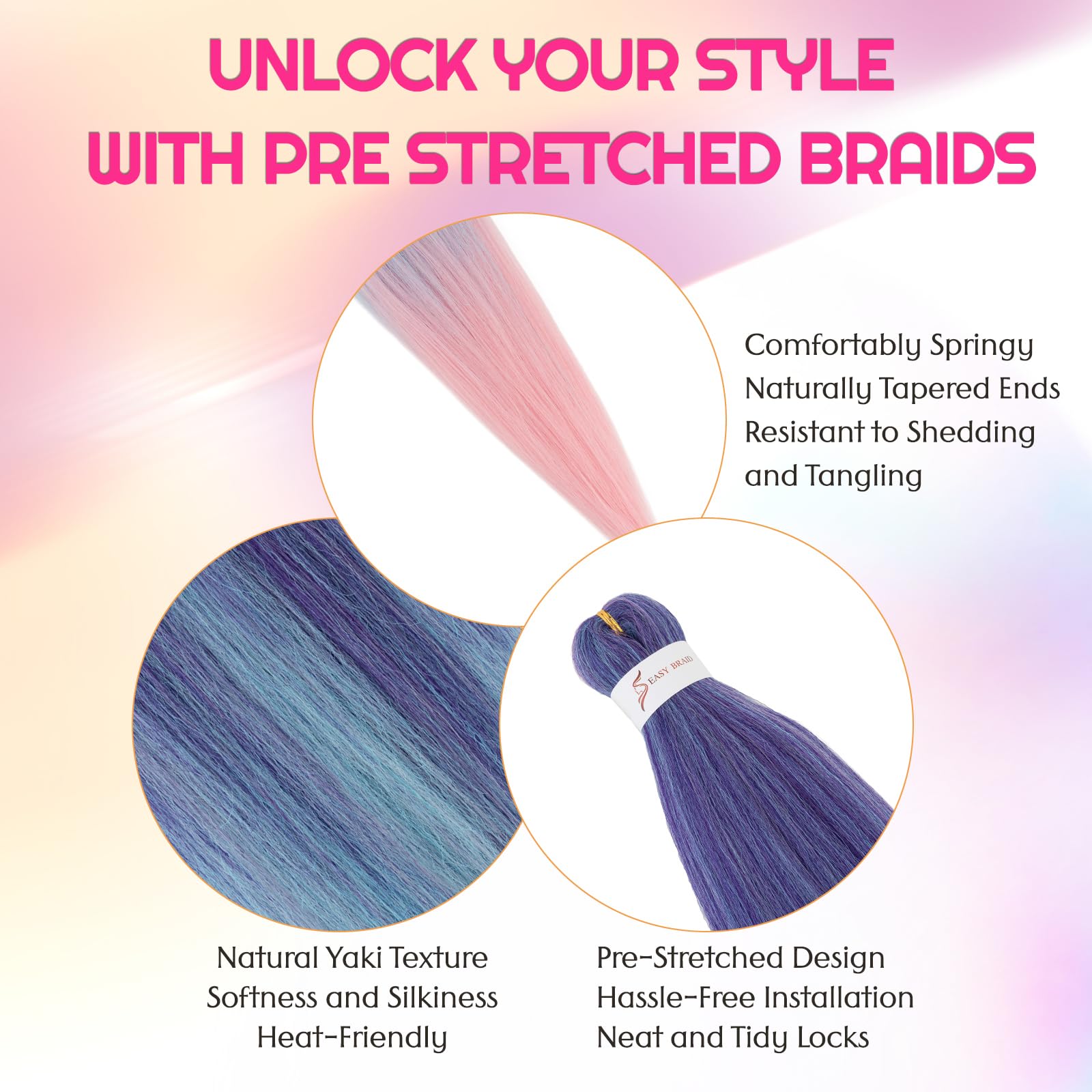 Silk-co Braiding Hair Extension Pre Stretched Professional Easy Braiding Hot Water Setting Yaki Synthetic 26 inch 90g Dark Blue&Blue&Pink - Image 4