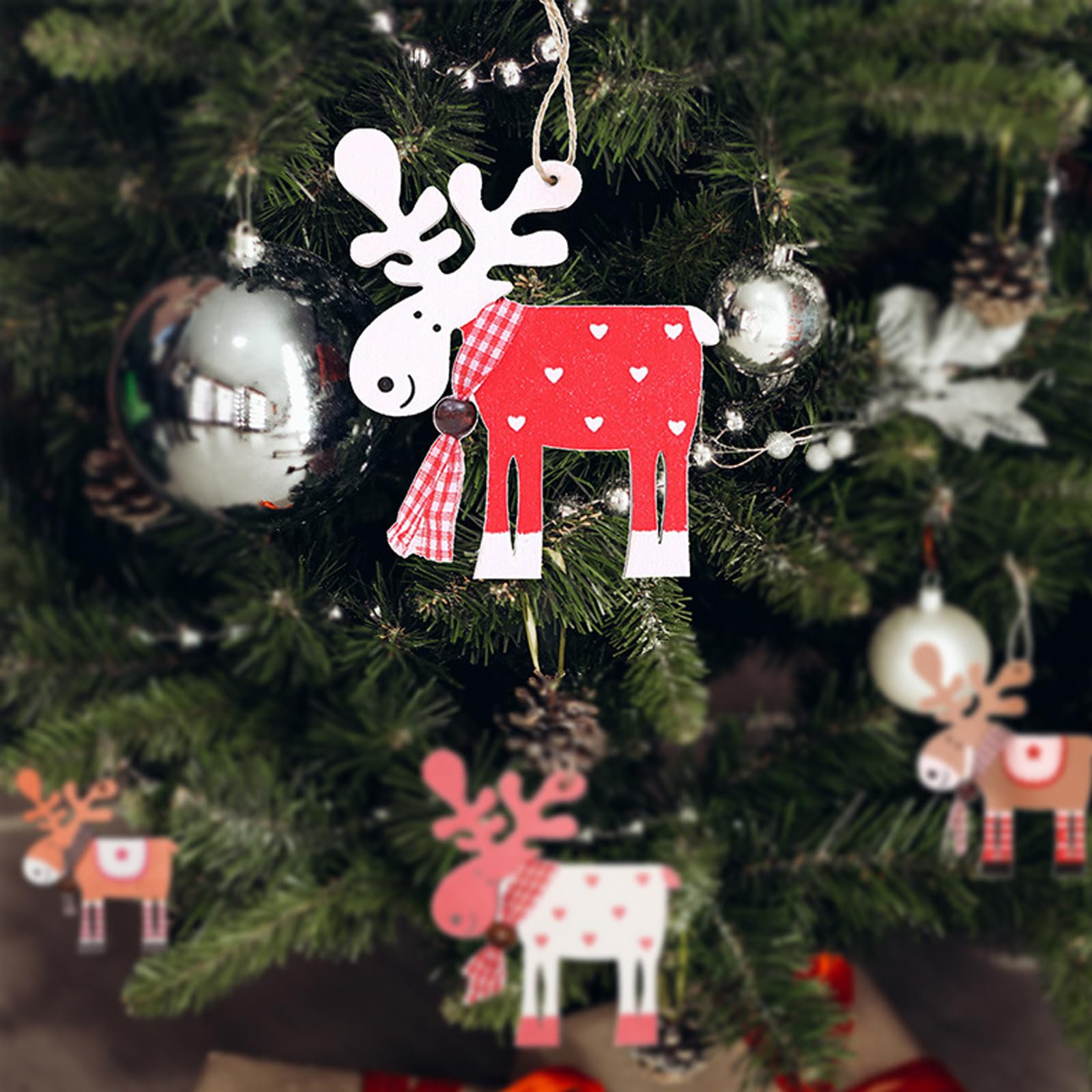 KASESSS 12 Pcs Wooden Christmas Tree Decorations, Reindeer Hanging Baubles with Rope for Xmas Decor Supplies - Image 3