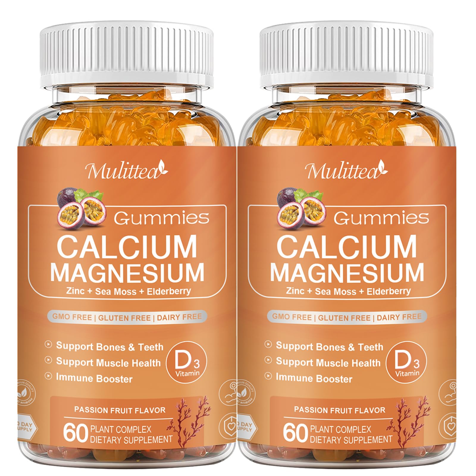 Calcium Gummies with D3,K2,Zinc - Plant Complex Calcium Magnesium Supplement with Glycinate,Potassium,Vitamin C &Whole Natural Food for Bone & Immune Support- 60 Chewable Gummy Sugar-Free