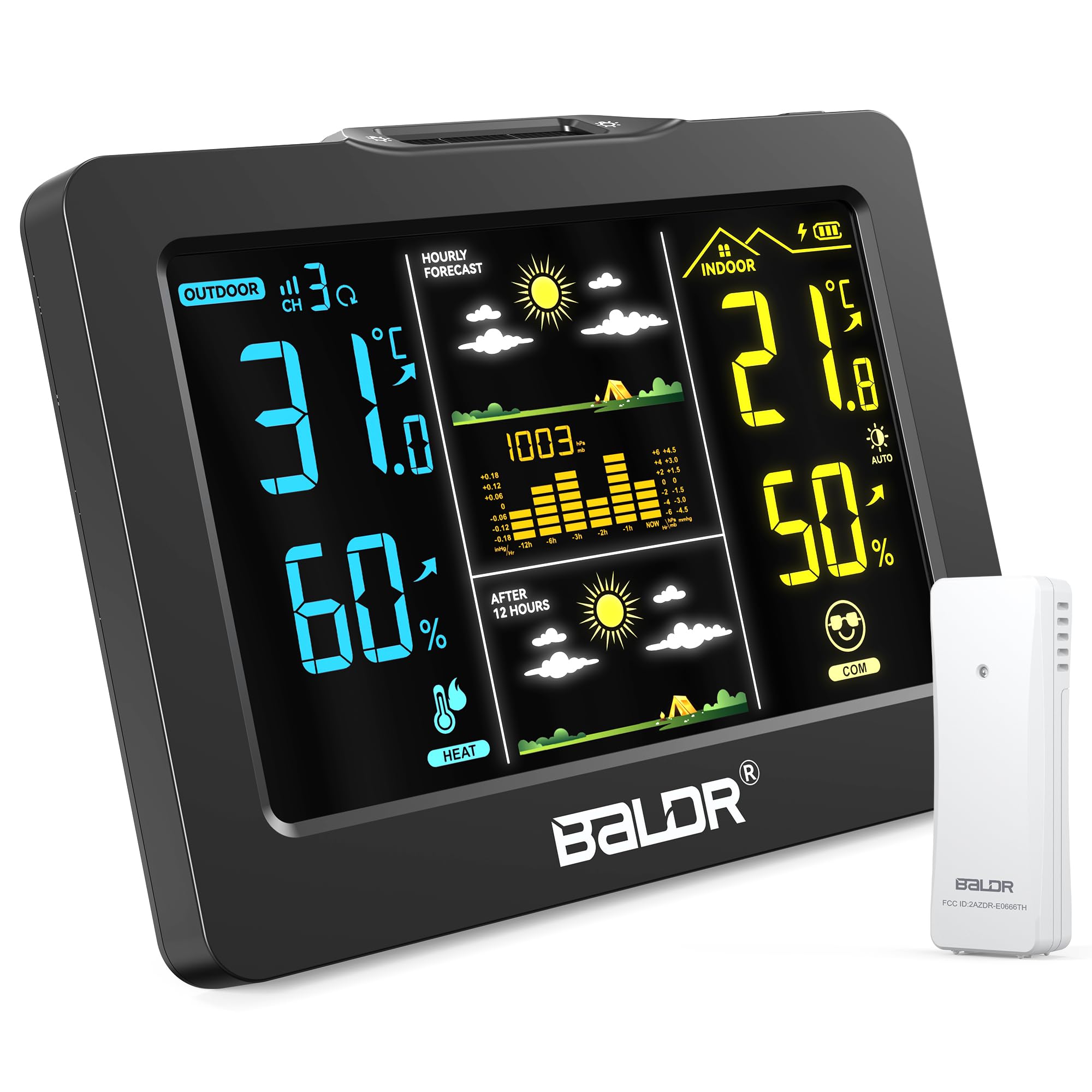 Stazione Meteo BALDR Wireless con Sensore Esterno, Display Digitale a Colori – Termometro Igrometro Interno/Esterno, Previsioni 1h + 12h, Batteria Ricaricabile