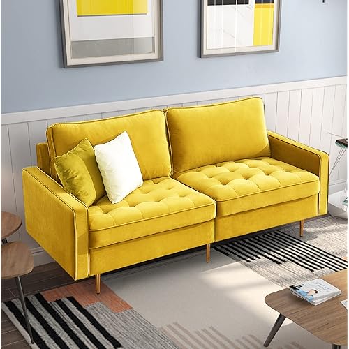 Danxee Velvet Fabric Sofa Couch 71" Wide Mid Century Modern Tufted Fabric Sofa Living Room Sofa 700lb Heavy Duty with 2 Pillows (Yellow)