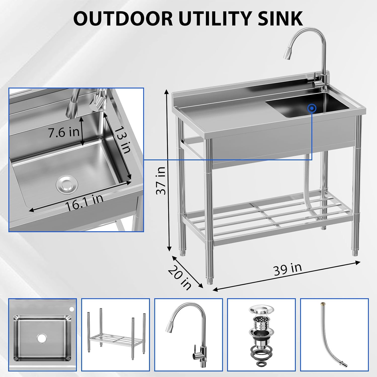 Freestanding Single Bowl Sink, NSF Commercial Restaurant Kitchen Sink Set with Faucet and Cold & Hot Water Pipe, Stainless Steel Sink for Kitchen, Bar, Garage, Backyard (39 in)