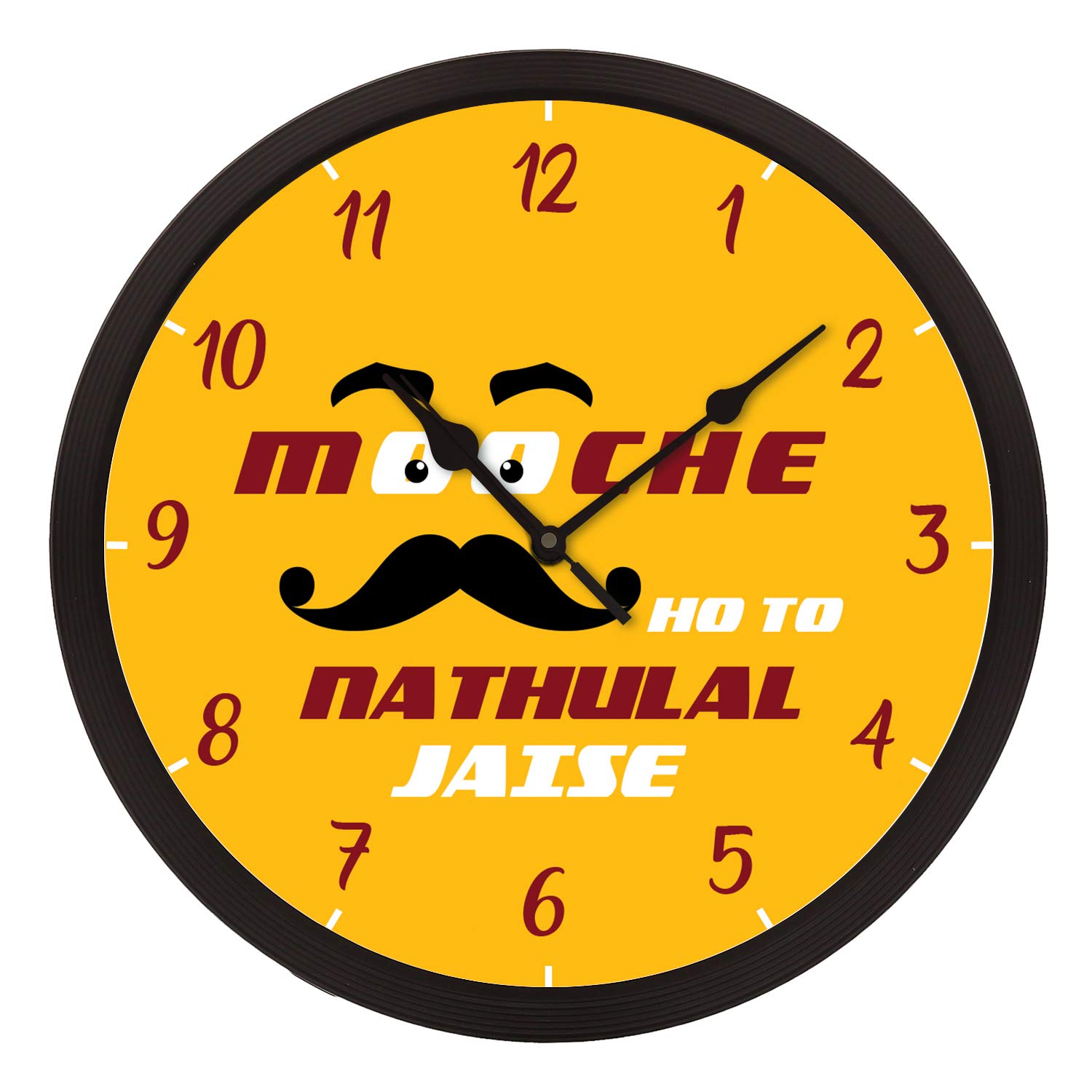 eCraftIndia Mooche Ho Toh Nathulal Jaise Yellow Designer Round Analog Black Wall Clock