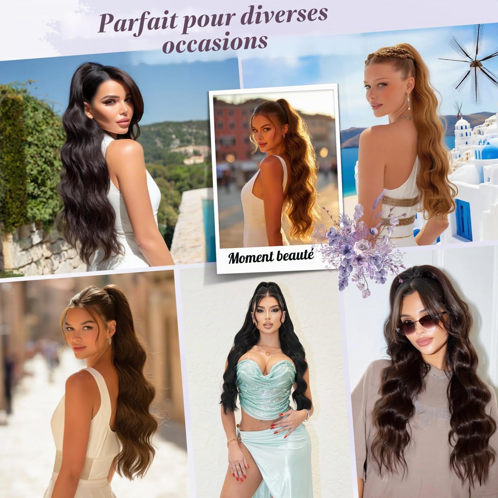 FESHFEN Ondulés Queue de Cheval Extension avec Cordon, 75cm Longue Ponytail Cheveux Naturel Peigne Clip in Postiche Cheveux Synthétique Blond Fraise Extension Cheveux pour Femmes