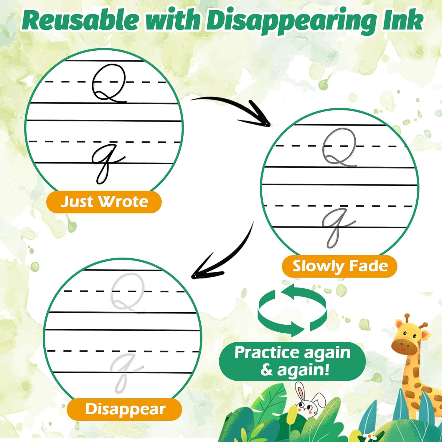 4-Pack Reusable Grooved Cursive Handwriting Workbooks with Disappearing Ink Pens, Cursive Practice Kit for Letters, Words, Sentences & Reading, Cursive Handwriting Workbook Ages 6–12