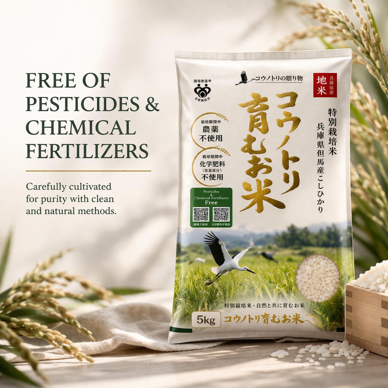 Premium Kounotori All-Natural Koshihikari Sushi Rice – Free of Pesticides & Chemical Fertilizers! Luxurious Special A Grade Rice, Exclusively Grown in Hyogo Prefecture, Japan 兵庫県但馬産 特別栽培米 – 11 Pounds