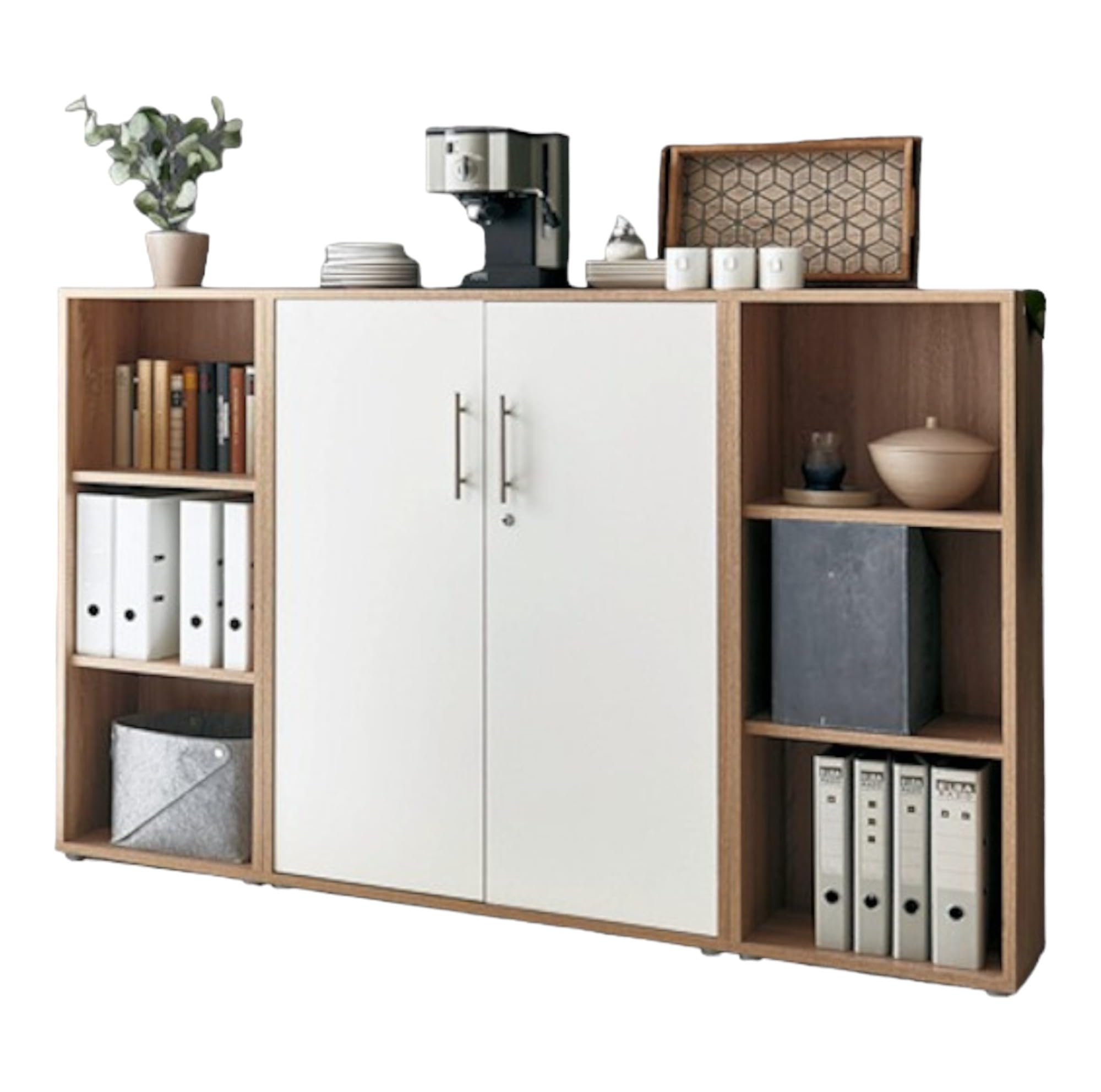 moebel-dich-auf Aktenschrank TABOR 2 abschließbar Highboard Büroschrank 2 Türen 6 offene Fächer Korpus Eiche Sonoma Front weiß matt