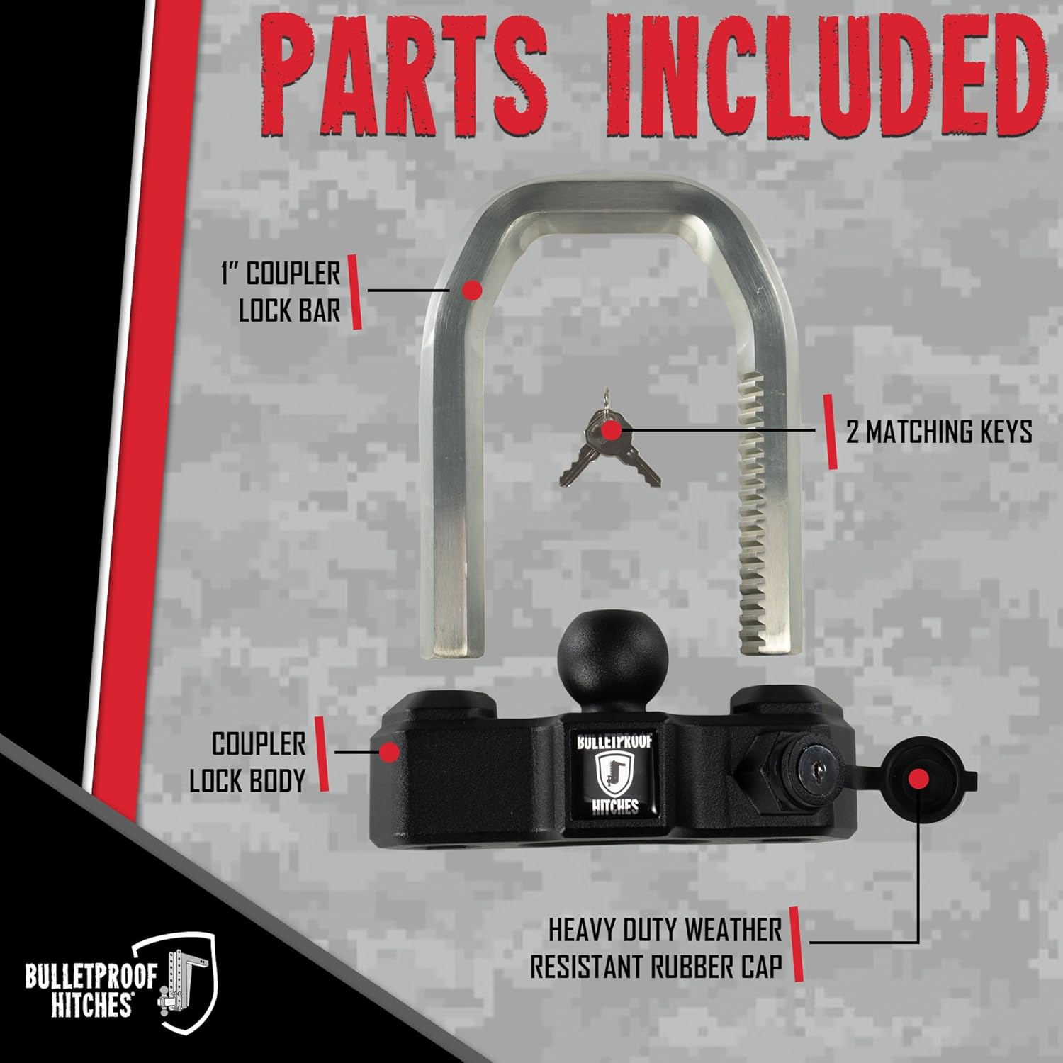 BulletProof Hitches - Extreme Duty Trailer Coupler Lock - Universal Trailer Lock with 1" Solid Steel Bar - Fits 1-7/8", 2" and 2-5/16" Couplers - Heat-Treated & Pick-Resistant
