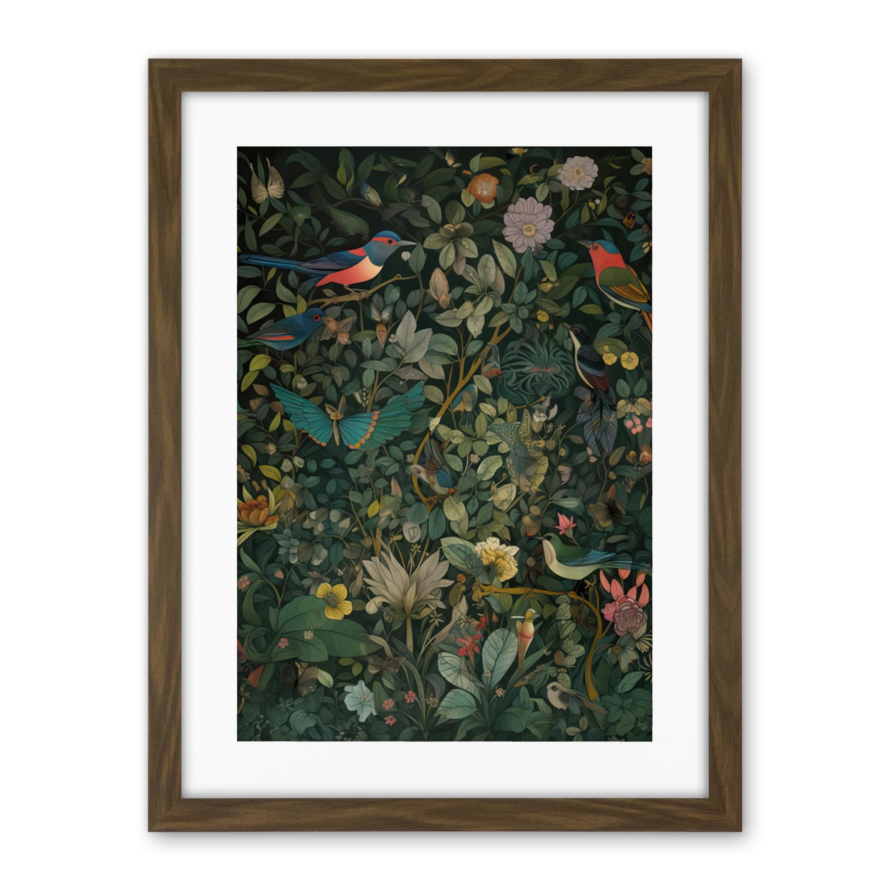 Artery8 Butterflies and Birds on Flowering Shrub Folk Art Artwork Framed Wall Art Print 18X24 Inch