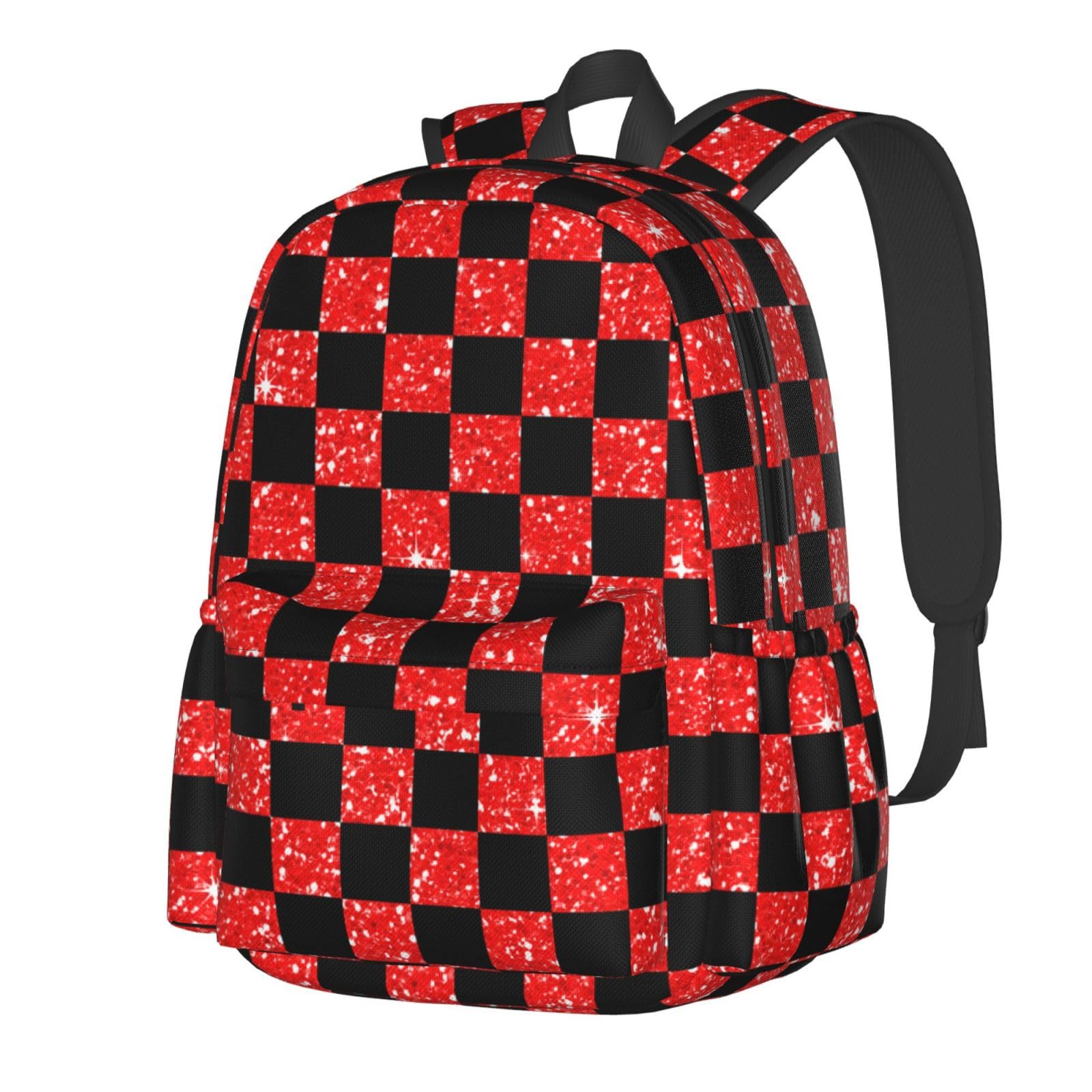 BSUYGET Glitter Red Black Checkered Flag 15 Inch Backpack for Men Women Adjustable Laptop Backpacks Shoulder Bag for Travel Hiking Outdoor