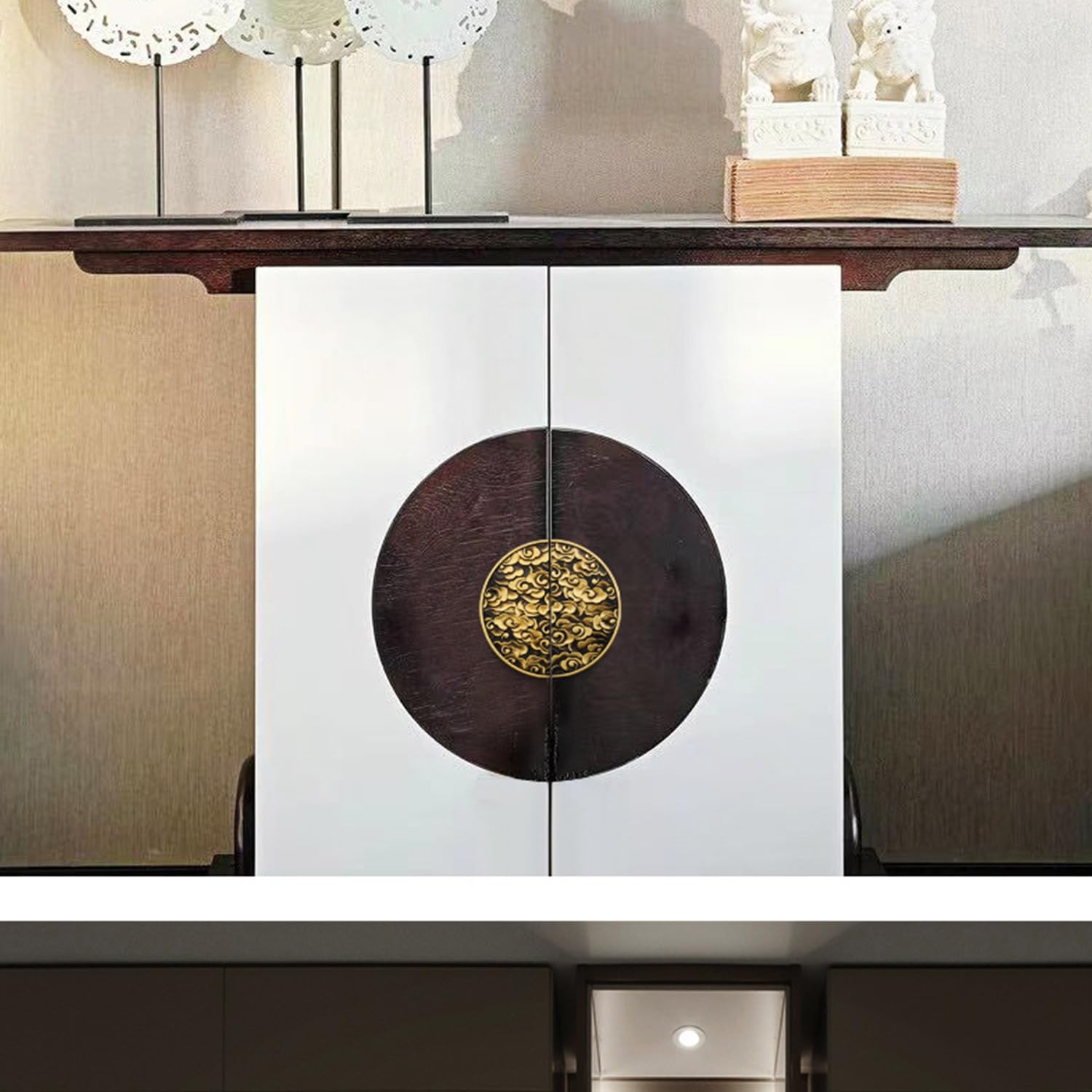 2PCS Antique Round Plate Pulls Handles, Cabinet Handles Half Moon Cabinet Pulls Vintage Style Drawer Pulls Zinc Alloy New Chinese Style (Brass, Diameter: 4.7inch)