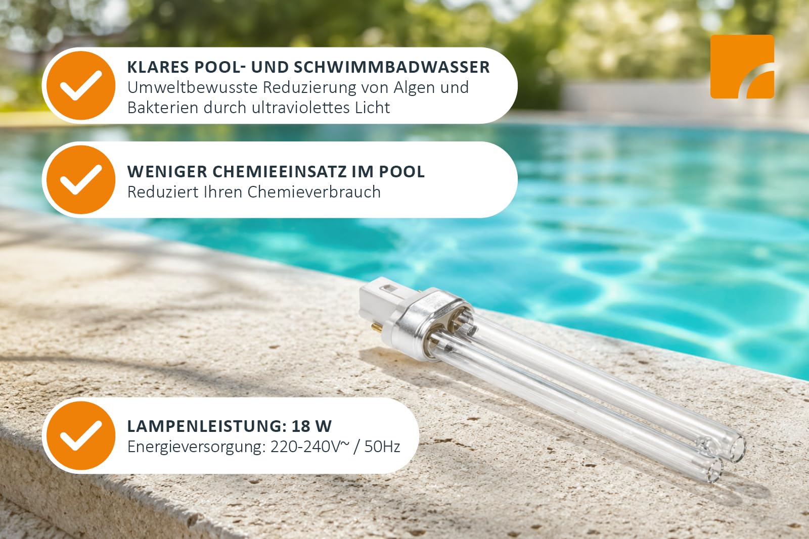 Steinbach UV-Ersatzlampe 18 W – 040515 – für UV-Desinfektionssystem 040511 – UVC Lampe zur Pool Wasserdesinfektion – 2 PIN Anschluss
