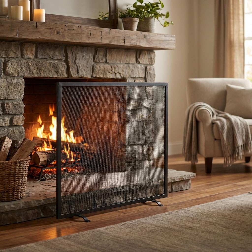 Suinga Salvachispas de Chimenea 1 Panel 60x50 cm, Rejilla Metálica Protectora contra Chispas, Pantalla de Seguridad para Chimeneas, Negro