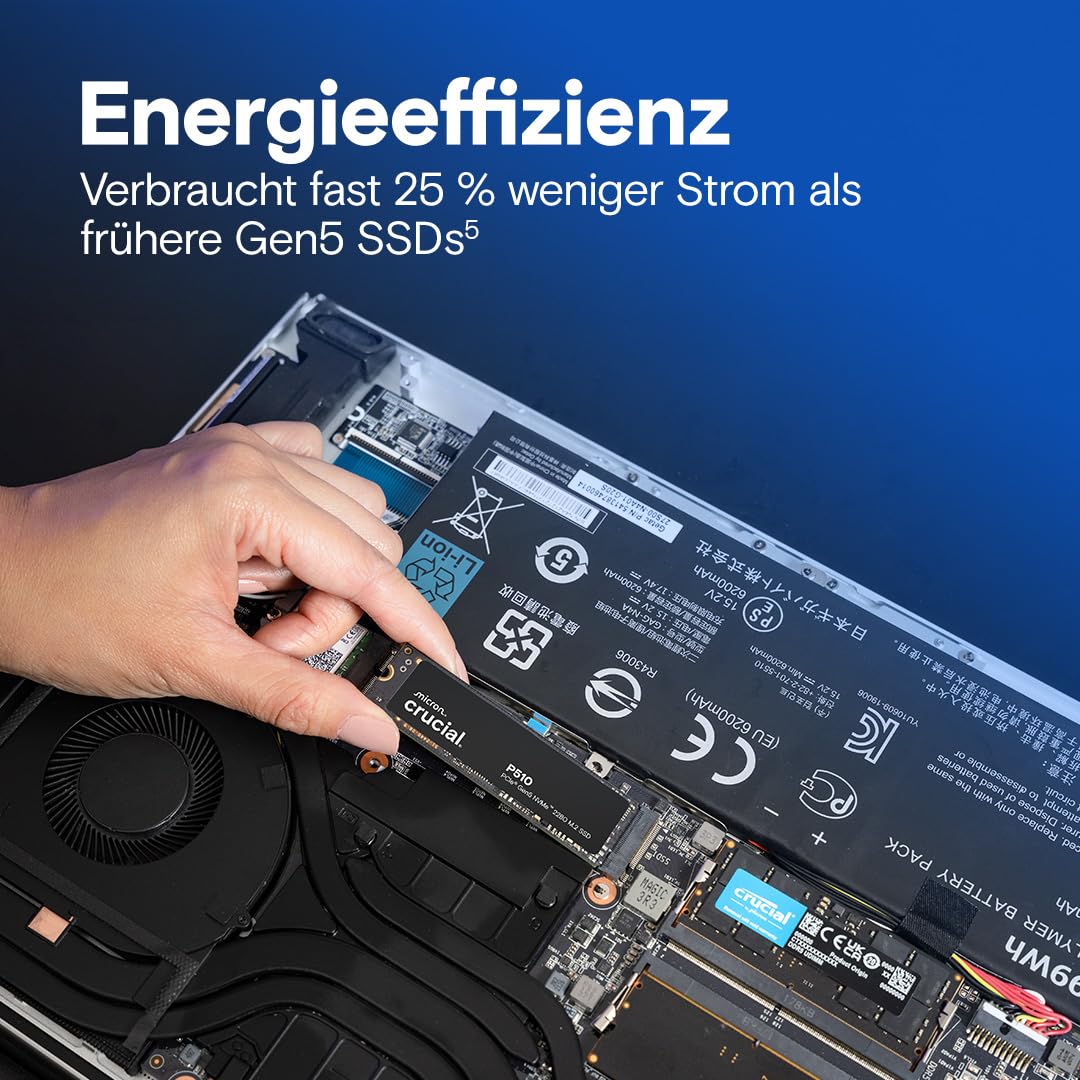 Crucial P510 SSD 1TB M.2 NVMe PCIe 5.0 x4 Gen5, bis zu 11.000 MB/s Lesen, 9.500 MB/s Schreiben, für Laptop und Desktop PC, TLC NAND, Interne Festplatte - CT1000P510SSD8-01