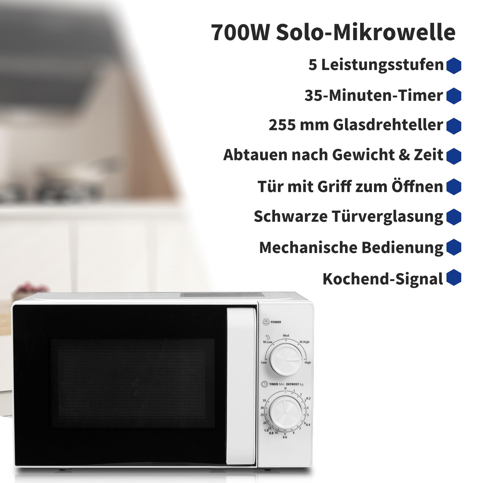Smad Solo-Mikrowelle 20L, 700W, Mikrowelle Klein, 5 Leistungsstufen, Auftaufunktion nach Zeit/Gewicht, 35-Minuten-Timer, Drehteller 255mm, Weiß