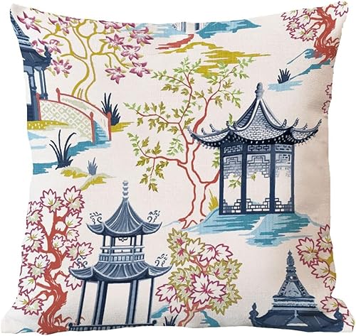 Vista 269 de ArogGeld Chinoiserie - Fundas de almohada escénicas asiáticas, estilo asiático, funda de almohada azul y verde Kelly, funda de cojín para decoración