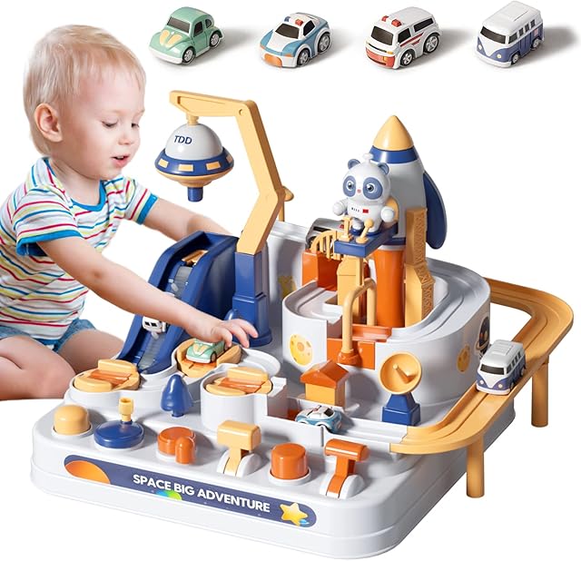Airlab® Cars Race Track Toys for Kids 3 4 5 6 7 8 Year Old Boys Girls, Space Rescue Adventure Toy with 4 Vehicles, Montessori Preschool Educational Game Bithday Gifts for Toddlers (Medium)